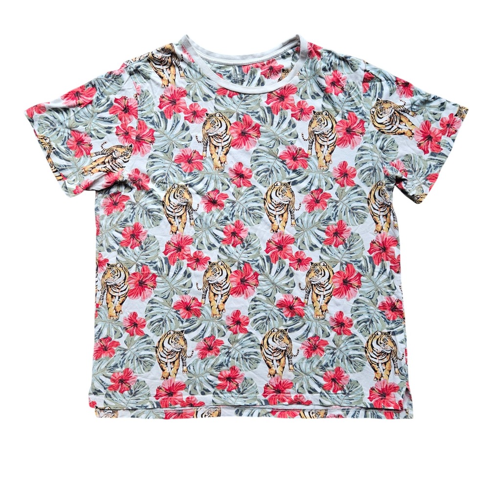 No Boundaries Tiger Tropical Floral Graphic T-Shirt XL White Red Green NB10104